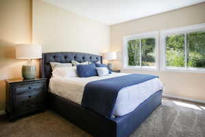 Bedroom featuring baseboards and dark colored carpet