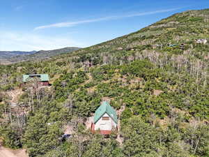 Aerial view of property and surrounding area featuring a mountainous background and a forest