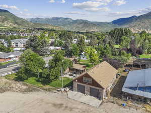 View from above of property featuring a mountain backdrop