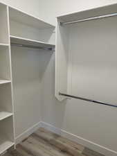 Walk in closet with light wood-type flooring