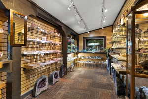 Wine room with wooden walls, rail lighting, vaulted ceiling, and carpet floors