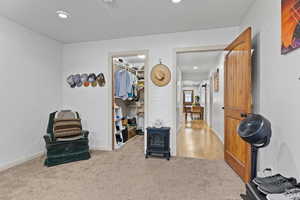 Living area with a wood stove, recessed lighting, and carpet