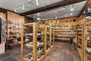 Wine cellar with wooden walls, track lighting, and carpet floors