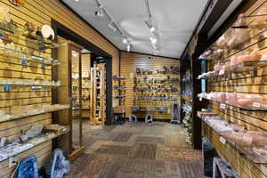 Wine cellar with wood walls, carpet floors, and track lighting