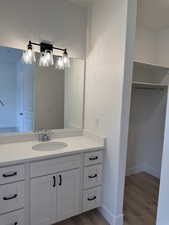 Bathroom featuring vanity, light wood finished floors, and a closet