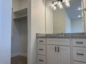Bathroom featuring vanity, wood finished floors, and a walk in closet