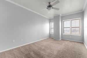 Carpeted spare room featuring crown molding and ceiling fan