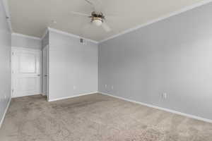 Carpeted empty room featuring ceiling fan and ornamental molding