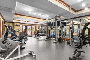 Exercise room with track lighting, a raised ceiling, ornamental molding, and french doors