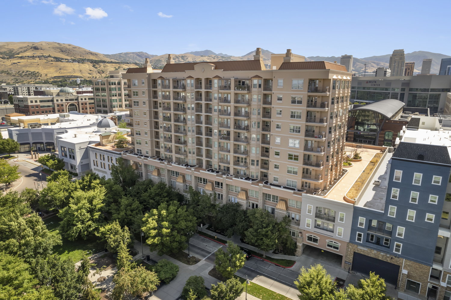 View of building exterior featuring a mountain view
