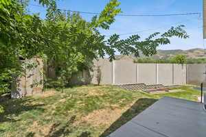 Fenced backyard featuring a mountain view and a patio area