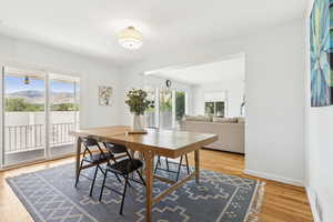 Dining room featuring healthy amount of natural light, wood finished floors, and a mountain view