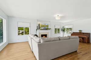 Living area with a warm lit fireplace, light wood-type flooring, and healthy amount of natural light