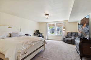 Bedroom featuring light colored carpet and a textured ceiling