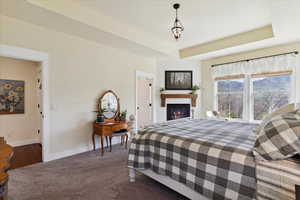 Carpeted bedroom with a tray ceiling and a glass covered fireplace