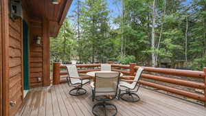 Wooden deck featuring outdoor dining space