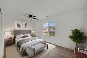 Bedroom with carpet flooring and ceiling fan