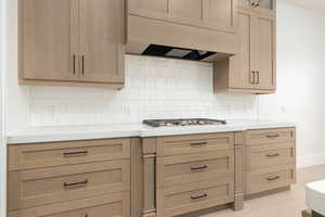 Kitchen with under cabinet range hood, glass insert cabinets, light wood-type flooring, and tasteful backsplash