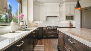 Kitchen with white cabinets, decorative backsplash, dark wood-type flooring, recessed lighting, and stainless steel appliances