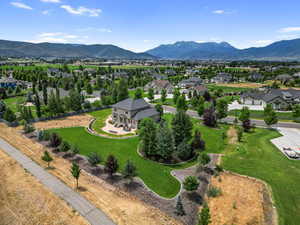 Aerial view of residential area with a mountain backdrop