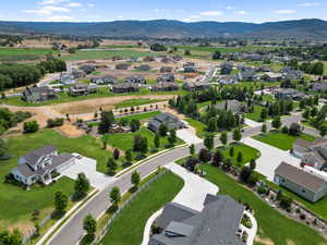 Aerial view of residential area with mountains