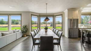 Dining room featuring dark wood-style floors, a textured ceiling, and recessed lighting