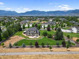 Aerial perspective of suburban area featuring mountains