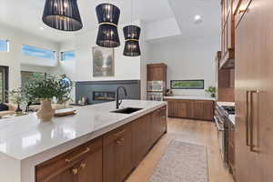 Kitchen with light wood finished floors, recessed lighting, decorative light fixtures, appliances with stainless steel finishes, and a large island