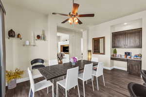 Dining space featuring dark wood-type flooring, a ceiling fan, recessed lighting, and built in study area