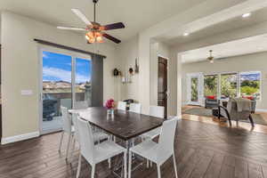 Dining area featuring ceiling fan, wood finished floors, and recessed lighting