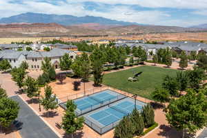 Aerial view of residential area with mountains