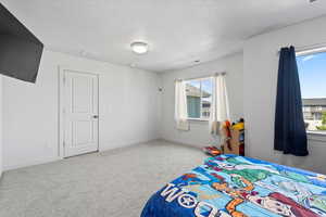 Bedroom featuring carpet floors and a textured ceiling