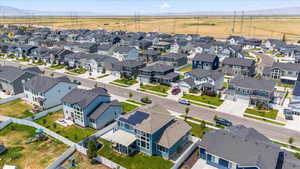 Aerial view of residential area with mountains