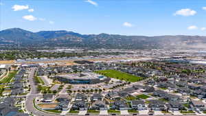 Aerial view of residential area with mountains