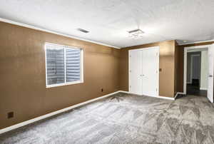 Unfurnished bedroom with carpet flooring, crown molding, a textured ceiling, and a closet