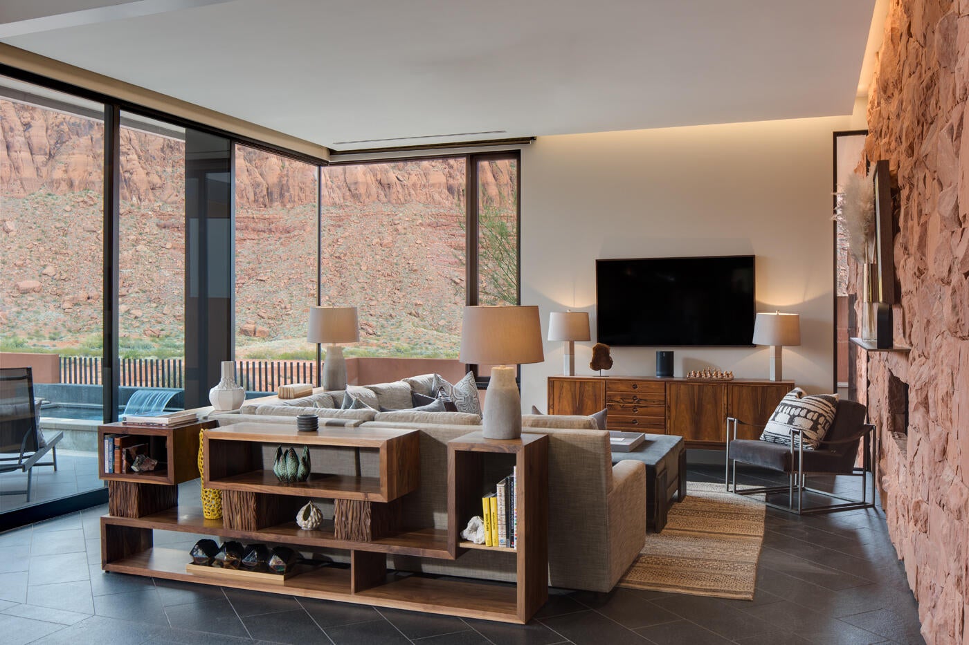 Living area with a wall of windows