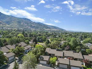 Aerial view of residential area with a mountain backdrop
