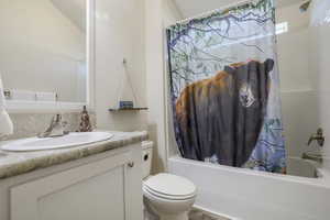 Full bathroom featuring vanity and shower / bath combo with shower curtain