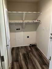 Laundry room with hookup for an electric dryer, washer hookup, and dark wood finished floors
