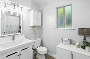 Bathroom featuring vanity and wood finished floors