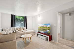 Carpeted living area with a textured ceiling and baseboards