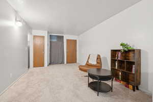 Sitting room featuring carpet floors and a textured ceiling