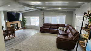Living area featuring wood finished floors, a stone fireplace, and recessed lighting