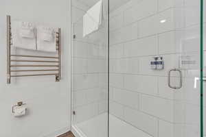 Bathroom with radiator, a towel warmer, and a stall shower