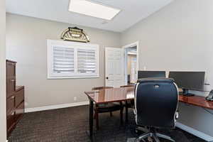 Carpeted office space featuring baseboards and a skylight