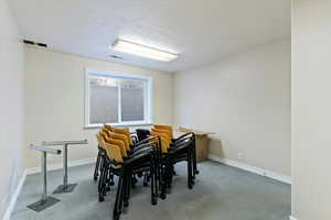 Dining space with a textured ceiling, carpet floors, and an office area