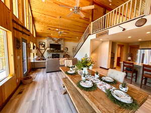 Dining space with high vaulted ceiling, ceiling fan, wooden ceiling, a fireplace, and light wood-style floors