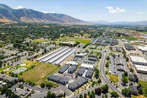 Aerial view of residential area with a mountain backdrop