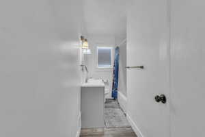 Bathroom featuring wood finished floors and vanity
