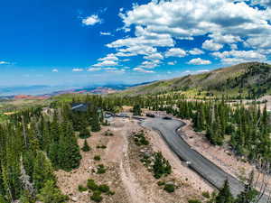Aerial view of property's location featuring a mountainous background and a heavily wooded area